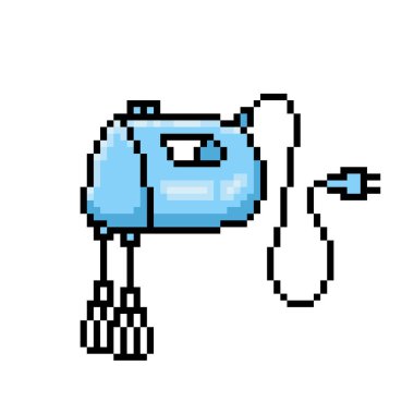 2d 8 bit piksel resim mavi el karıştırıcı simgesi beyaza izole edildi. Küçük elektrikli ev aletleri sembolü. Eski moda 80 'ler, 90' lar bilgisayarı, video oyunu, slot makinesi grafikleri. Mutfak aletleri logosu.