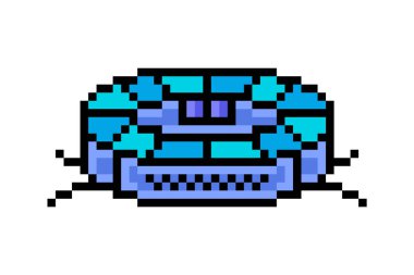 Beyaz arkaplanda 2d 8 bit piksel sanat robotik elektrikli süpürge ikonu izole edildi. Elektrikli ev aletleri sembolü. Eski moda 80 'ler, 90' lar bilgisayarı, video oyunu grafikleri. Slot makinesi tasarım ögesi.