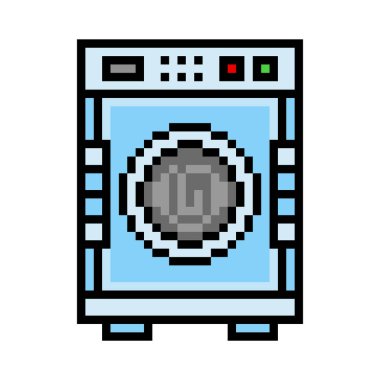 Beyaz zemin üzerinde izole edilmiş pikselli sanat çamaşır makinesi simgesi. 8 bit ev aletleri sembolü. Klasik 80 'ler, 90' lar 2D bilgisayar, video oyunu grafikleri. Slot makinesi tasarım elemanı. Ev işi logosu.