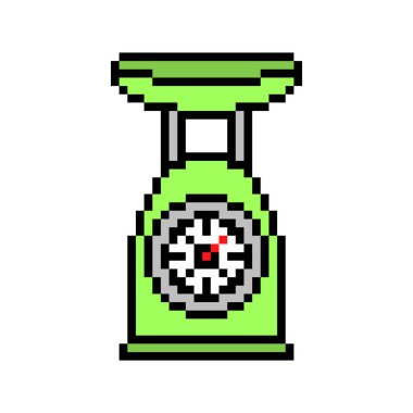 Beyaz arkaplanda 2d 8 bit pikselli analog aşçı ölçekli simge izole. Ağırlık ölçme ekipmanı sembolü. Eski model 80 'ler, 90' lar bilgisayar, video oyunu, slot makinesi grafikleri. Mutfak ölçüm cihazı logosu.