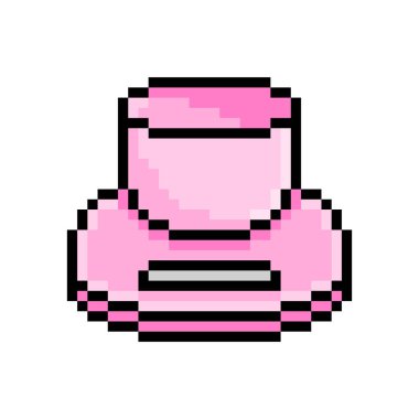 Beyaz arkaplanda 2d 8 bit piksellik dijital aşçı ölçekli simge izole edildi. Ağırlık ölçme ekipmanı sembolü. Eski model 80 'ler, 90' lar bilgisayar, video oyunu, slot makinesi grafikleri. Mutfak ölçüm cihazı logosu.