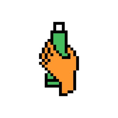 Beyaz arka planda izole edilmiş bir el sembolünde piksel boya, diş macunu ya da krem tüp. 8 bit simgesi. Eski moda antika 80 'ler, 90' lar 2D bilgisayar, video oyunu, slot makinesi grafikleri.