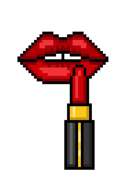 女孩使用红色口红 8位像素艺术插图孤立在白色背景 化妆产品 唇膏化妆品 老派复古80年代 90年代2D电脑 电子游戏 老虎机图形 — 图库矢量图片