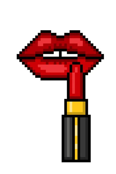 Chica Aplicando Lápiz Labial Rojo Ilustración Arte Píxeles Bits Aislada — Vector de stock