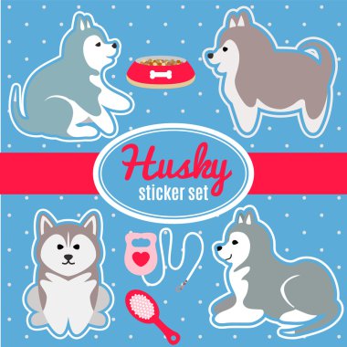 Husky cins köpekler, köpek bakım aksesuarları çıkartmaları kümesi