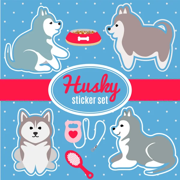 Aantal schor RAS puppies en hond zorg accessoires stickers — Stockvector