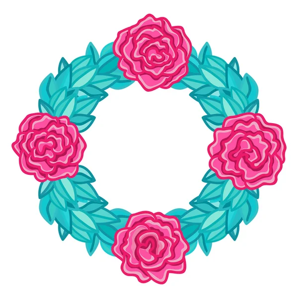 Rose ronde rose avec cadre de couronne de feuilles — Image vectorielle