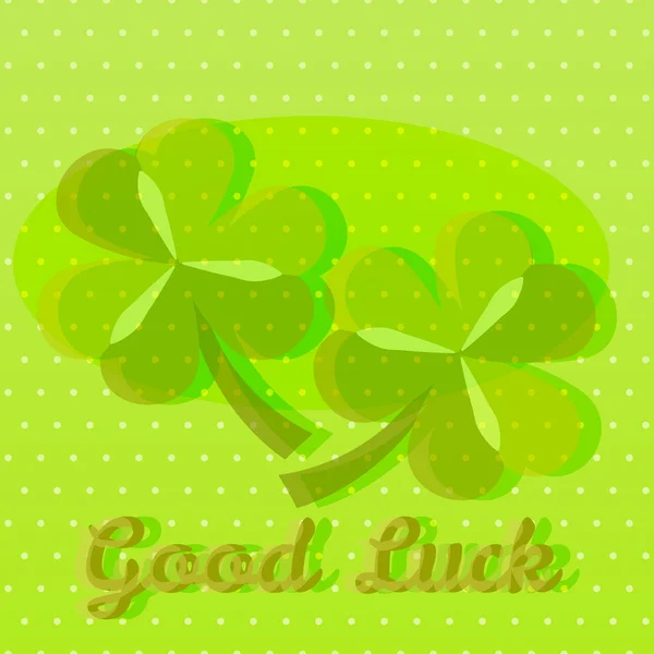 Tarjeta de felicitación de buena suerte verde brillante con dos tréboles — Vector de stock