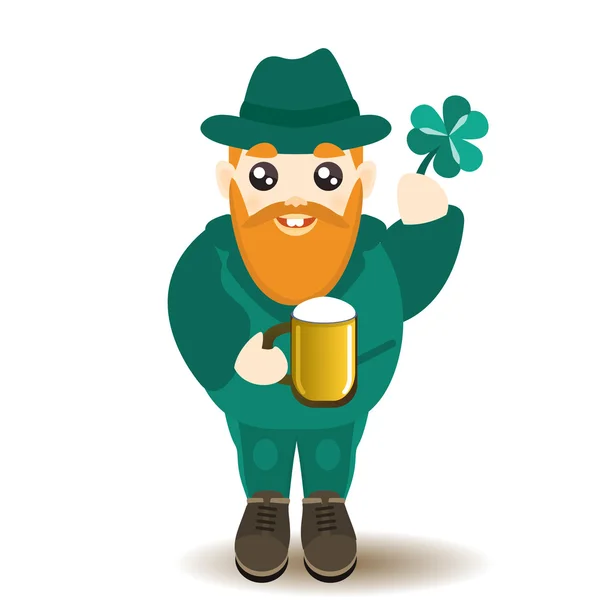 St Patrick's Day man character with beer and lucky shamrock — Stock Vector
