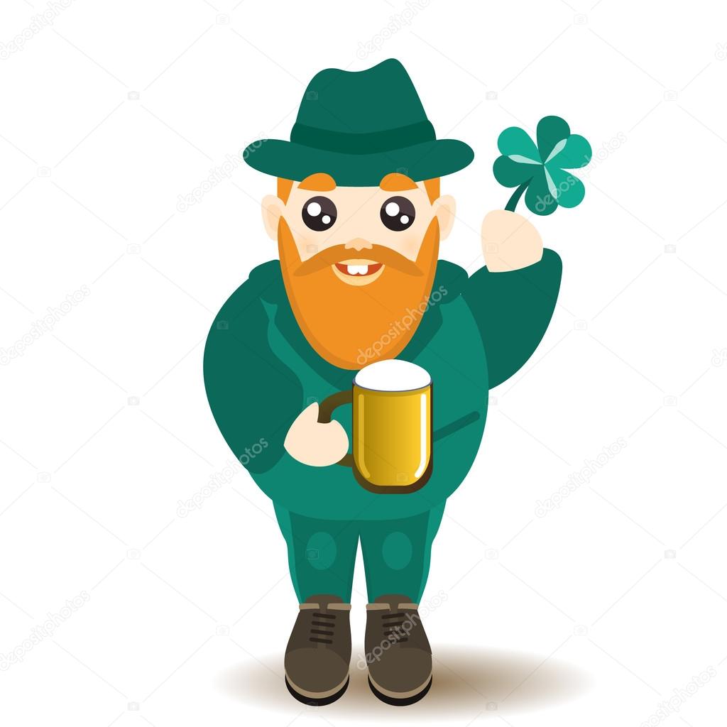St Patrick's Day man character with beer and lucky shamrock