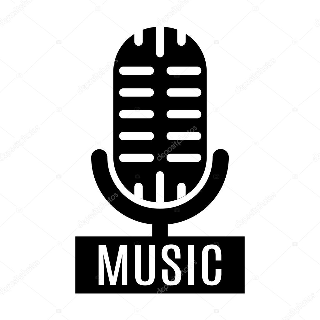 Minimalistic monochrome stylized music microphone logo isolated on white background