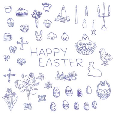 Büyük liner kalem kabataslak çizilmiş anahat Paskalya nesneleri kümesi