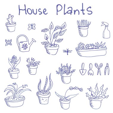 Büyük dizi liner kalem çizilmiş doodle anahat houseplants ve Bahçe aletleri