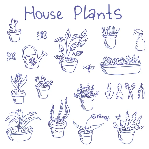 라이너 펜 손으로 그린 낙서 개요 houseplants 및 정원 도구 큰 세트 — 스톡 벡터