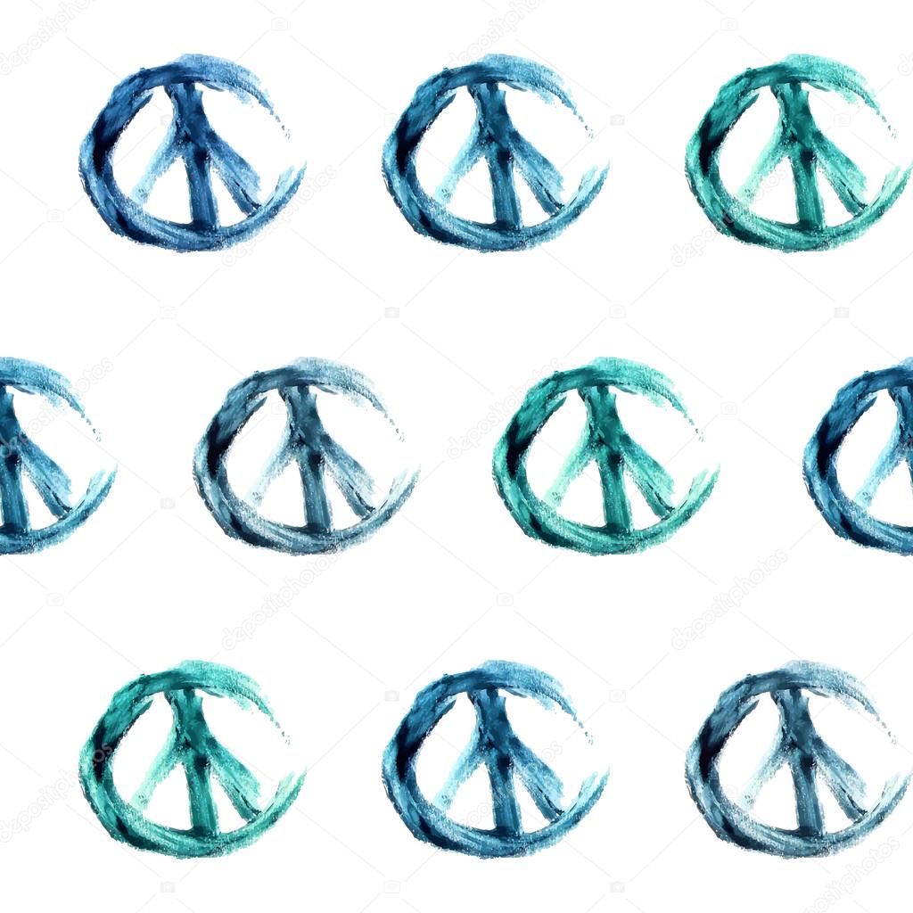 Vector hand-drawn watercolor blue and green peace signs seamless pattern