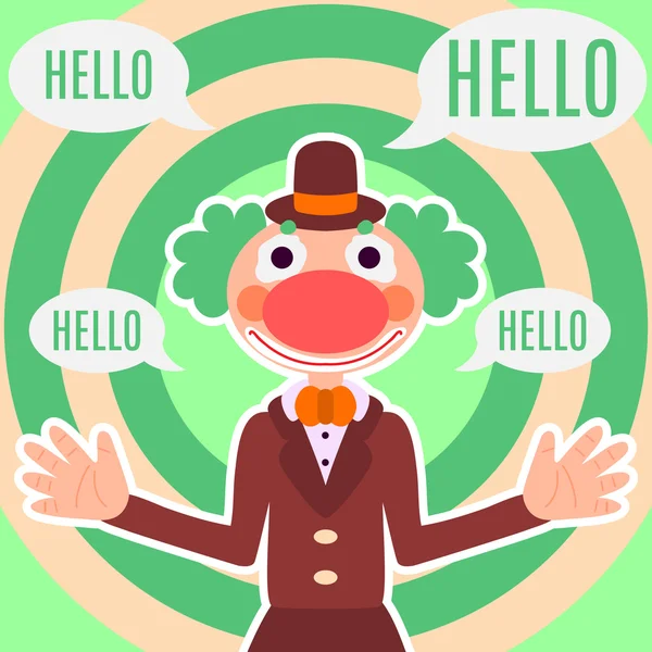Bakgrund med glad hälsning clown i kostym, tal och text utrymme bubbla — Stock vektor