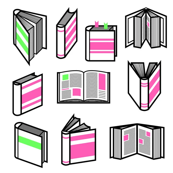 Grand ensemble de livres de contours noirs élégants dans différentes postures avec des éléments roses et verts colorés — Image vectorielle