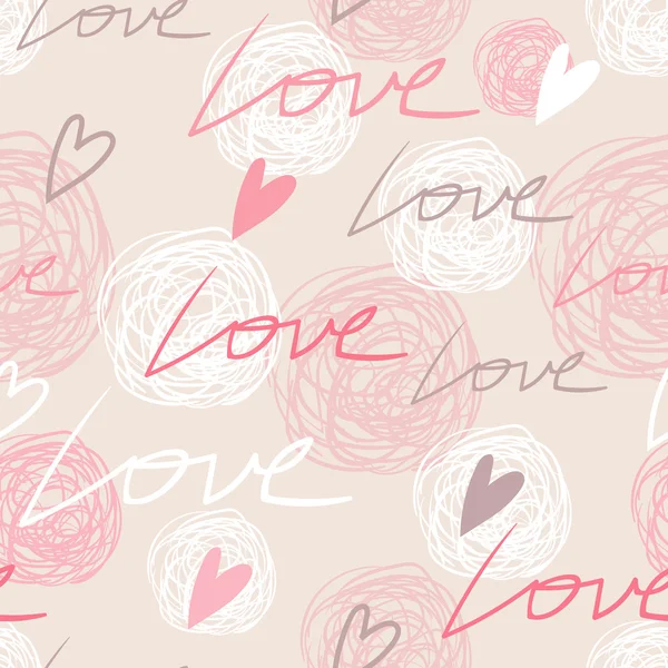 Ωραίο ρομαντικό τρυφερό ροζ χωρίς ραφή πρότυπο με λόγια αγάπης, καρδιές και μουντζούρες — Διανυσματικό Αρχείο