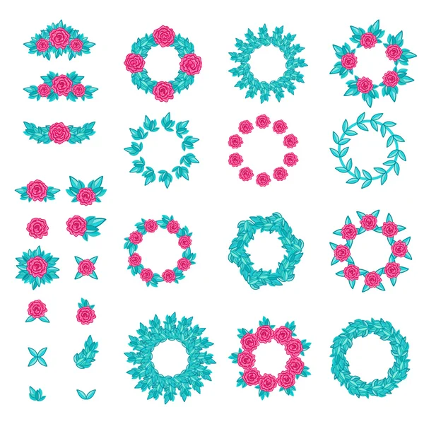 Big set of pink rose wreaths, frames and elements isolated on white background — Stock Vector