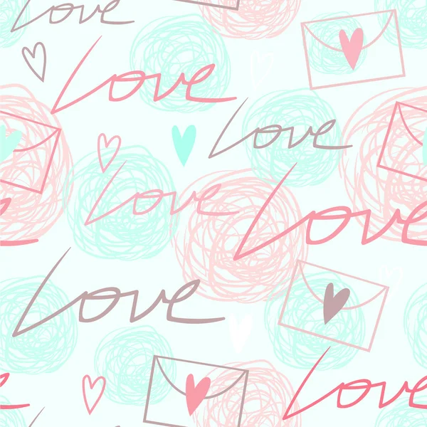 Schöne romantische zarte rosa nahtlose Muster mit Liebesworten, Herzen und Kritzeleien — Stockvektor