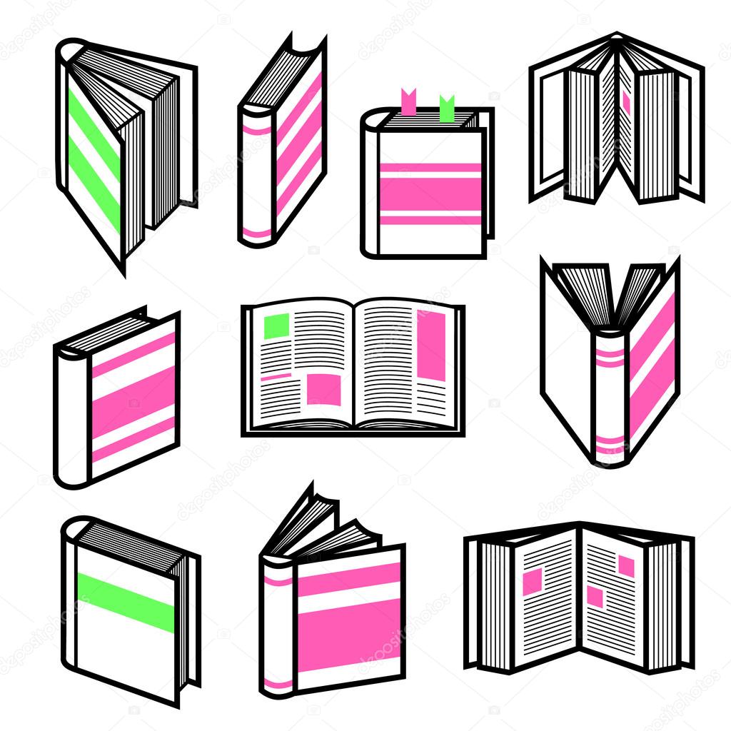 Big set of stylish black outline books in different postures with colorful pink and green elements