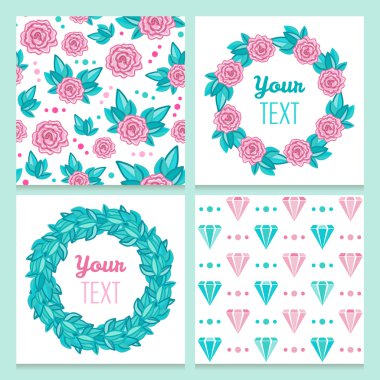 Güzel vintage romantik çiçek gül ve Dikişsiz desen ve çerçeveler elmas ile ayarlayın