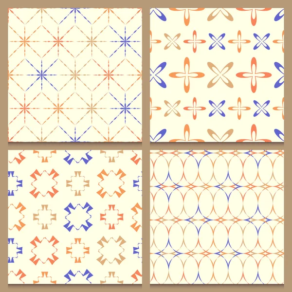 Conjunto de cuatro patrones geométricos sin costura con elementos multicolores — Vector de stock