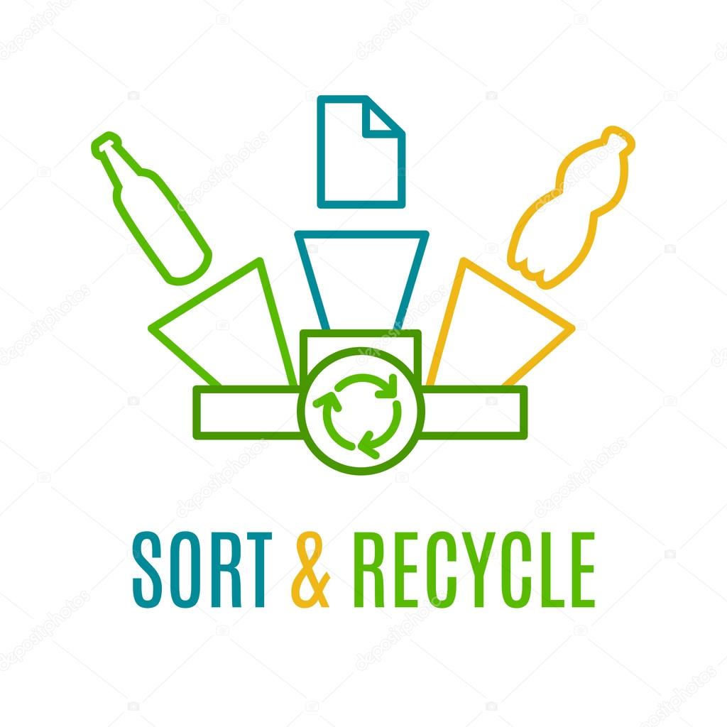 Sort and recycle, colored line logotype. Idea of recycling paper, plastic and glass waste. Ecology protection logo. Recycling logo with yellow, green and blue trash cans. Environment protection poster