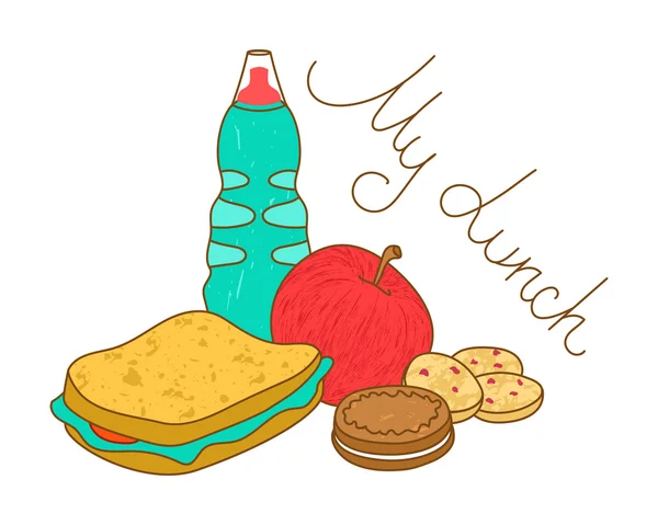 Leckeres frisches Mittagessen. Flasche, Sandwich, Kekse und Apfel. — Stockvektor