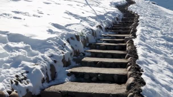 Escalera de piedra cubierta de nieve en las montañas en invierno — Vídeo de stock