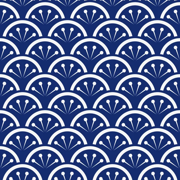 Seamless porcelain indigo blue and white japanese floral waves pattern vector — Stock Vector