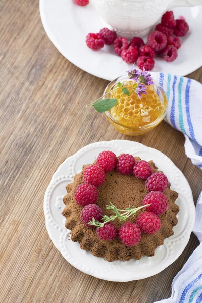 ताजा परिपक्व रास्पबेरी के साथ सरल होममेड चॉकलेट केक — स्टॉक फ़ोटो, इमेज