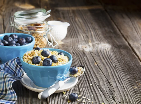 Par de tazones de cerámica azul cereales de desayuno completo con arándanos frescos y leche — Foto de Stock