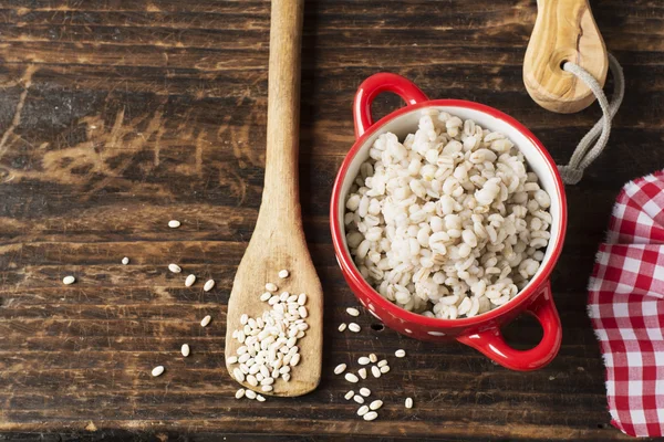 La casserole en céramique rouge à pois blancs complète la bouillie d'orge friable — Photo