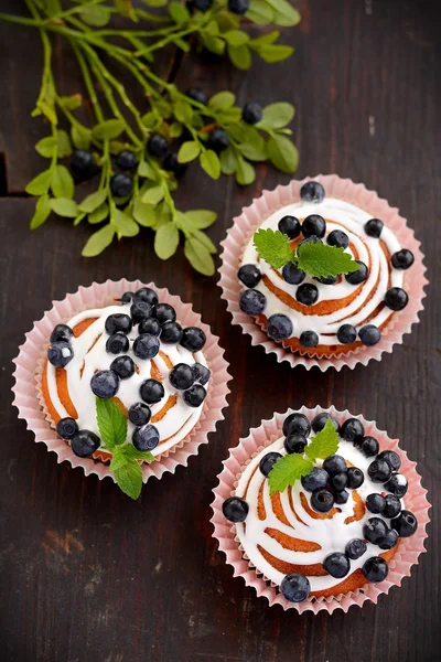 Homemade cupcakes with icing and blueberries — Stock Photo, Image