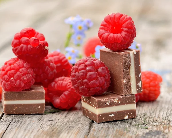 Fresh raspberries with chocolate cubes