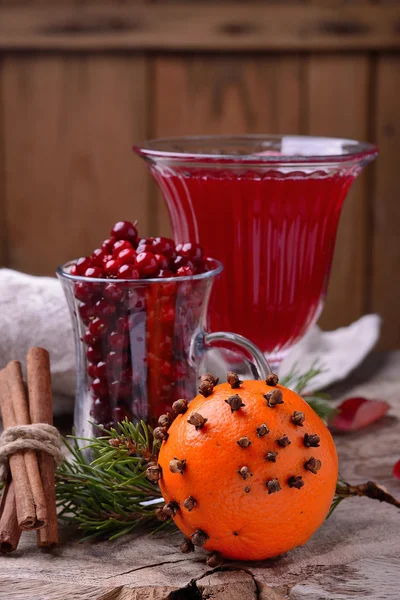 Ingredients for a spicy autumn winter drink with cranberries and cinnamon — Stock Photo, Image