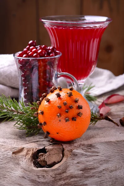 Ingredients for a spicy autumn winter drink with cranberries and cinnamon — Stock Photo, Image