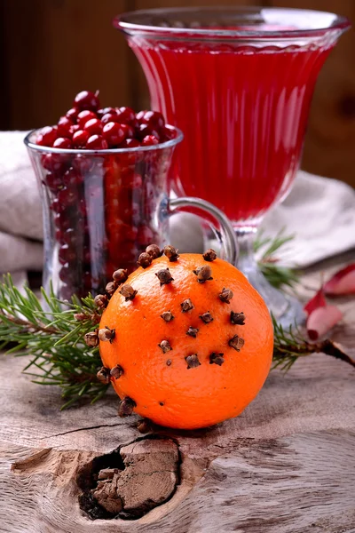 Ingredients for a spicy autumn winter drink with cranberries and cinnamon — Stock Photo, Image