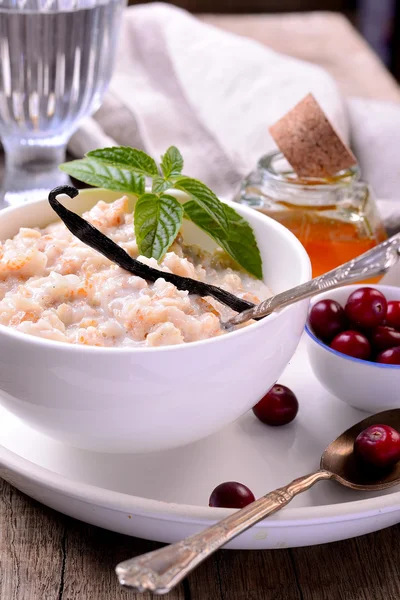 Hot homemade milk oatmeal with natural vanilla and organic cranberries in a white ceramic bowl — Stock Photo, Image