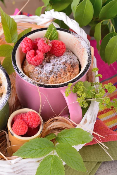 Pastel de chocolate caliente en una taza espolvoreada con azúcar en polvo —  Fotos de Stock