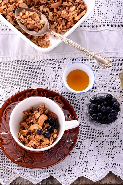 Healthy homemade granola or muesli with oats, almonds, hazelnuts — Stock Photo, Image