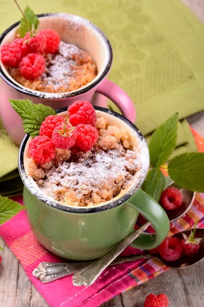 Pastel de chocolate caliente en una taza espolvoreada con azúcar en polvo —  Fotos de Stock
