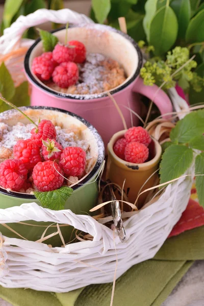 Torta calda al cioccolato in una tazza cosparsa di zucchero a velo — Foto Stock