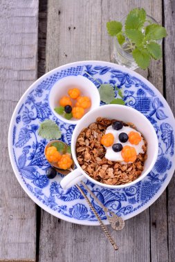 Bir kase müsli ve taze meyveli yoğurt.