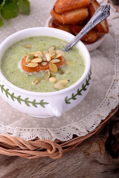 Cream soup with broccoli, beans, Parmesan cheese — Stock Photo, Image