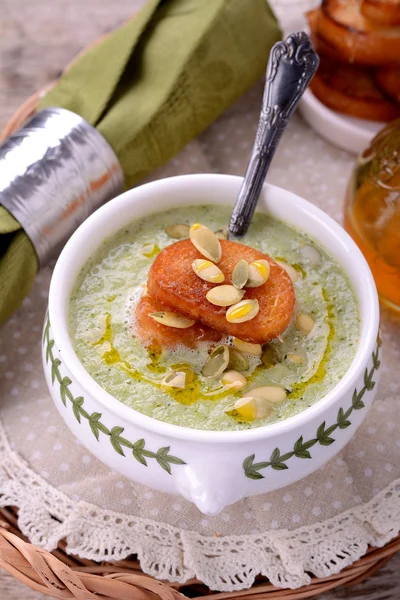 Cream soup with broccoli, beans, Parmesan cheese — Stock Photo, Image