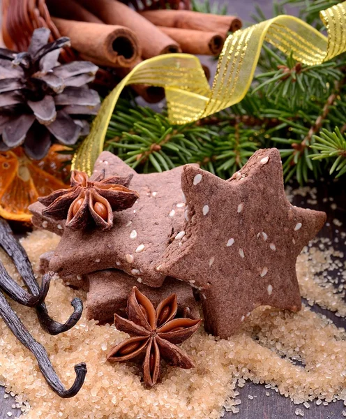 Biscuits de Noël faits maison au chocolat en forme d'étoiles avec des graines de sésame — Photo