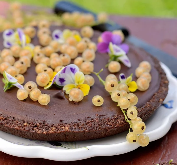 Läcker choklad tårta med bär på den vita plattan — Stockfoto