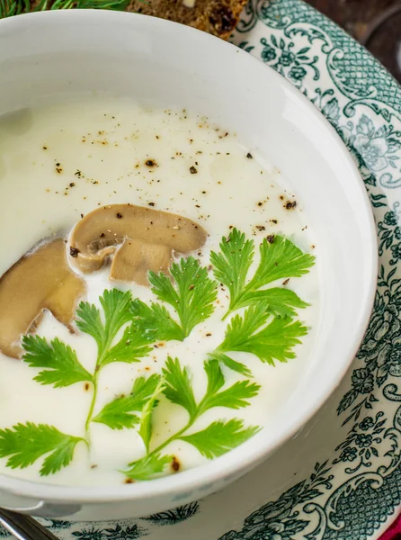 Svamp grädde soppa med krutonger och timjan — Stockfoto